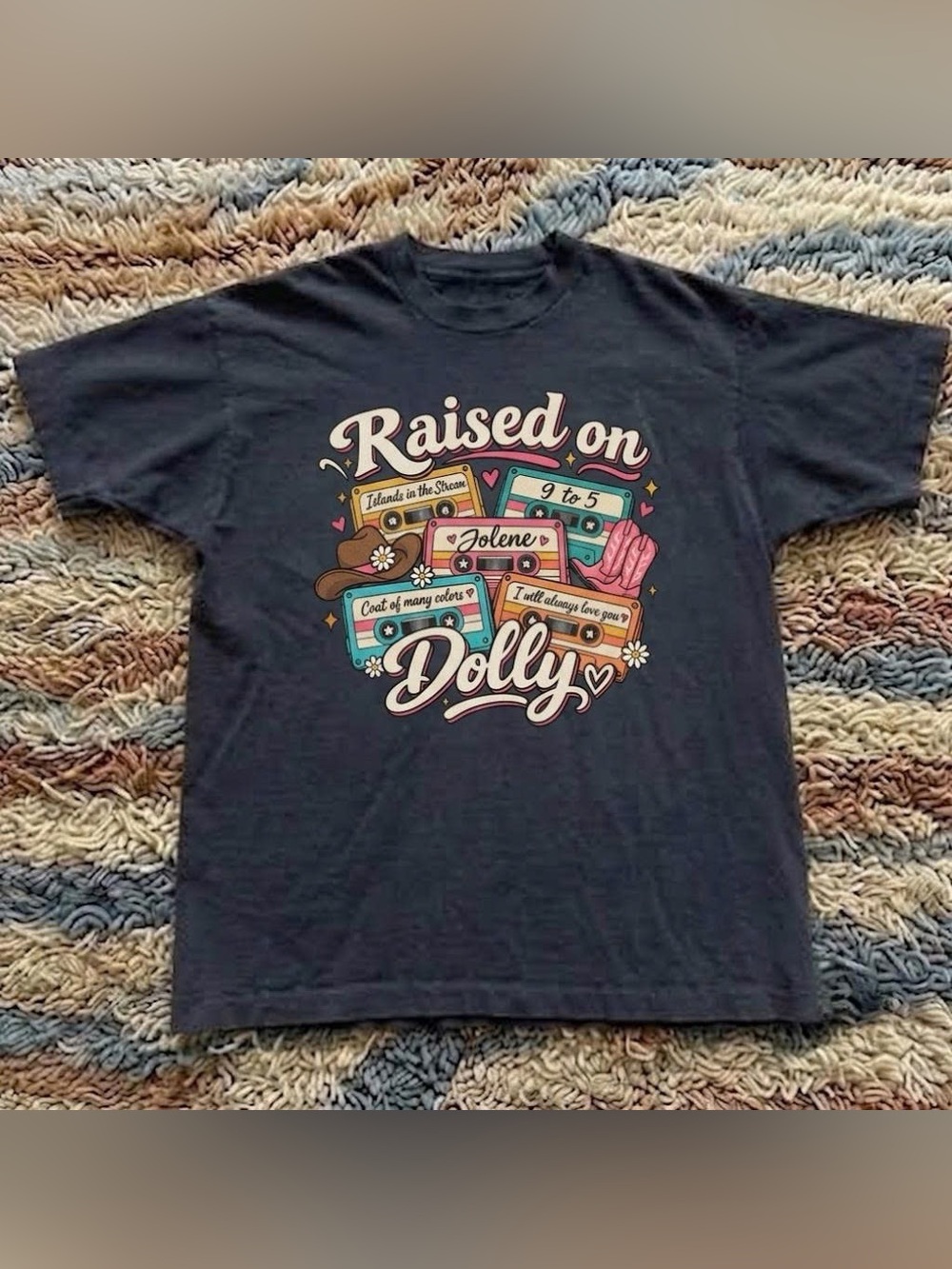Vintage Dolly Parton Black with Pink Cowboy Hat, Boots & Daisy Graphic